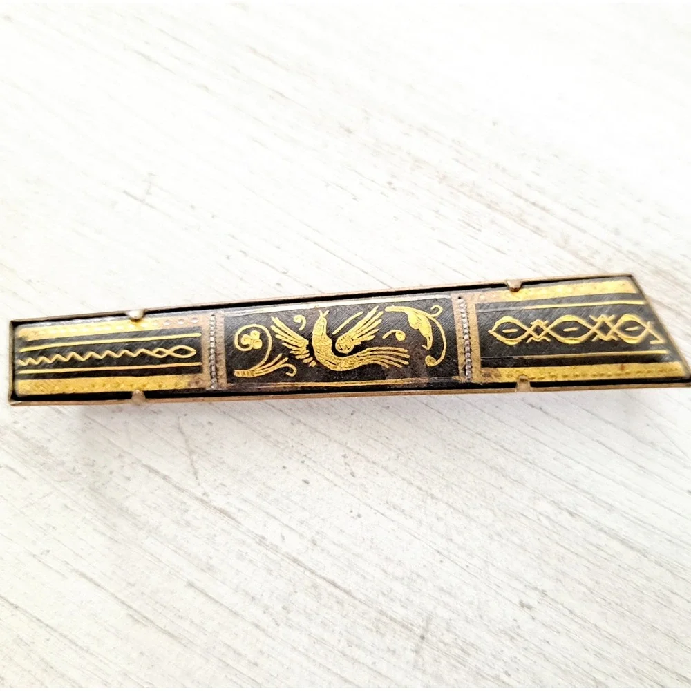Vintage Tie Bar Damascene Bird Gold-Tone Black Rectangular Geometric Design
